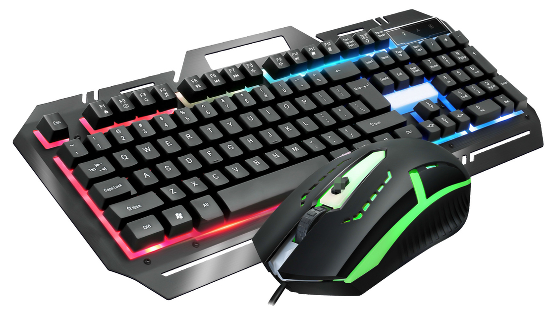 メタルゲーミングキーボード 104キー FN+F1-F12 機能 LEDバックライト ゲームマウス 調整可能なDPI (500-1500) RGB照明