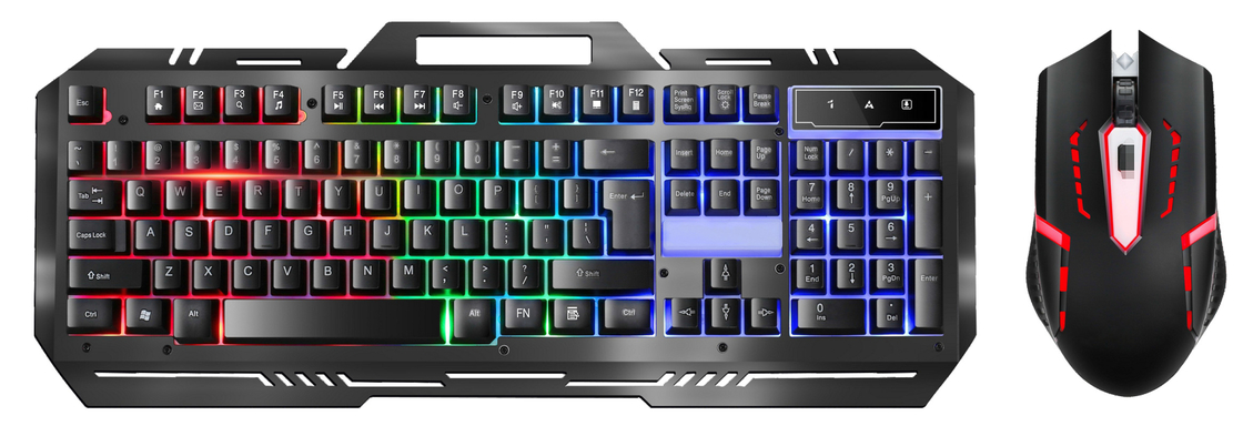 メタルゲーミングキーボード 104キー FN+F1-F12 機能 LEDバックライト ゲームマウス 調整可能なDPI (500-1500) RGB照明