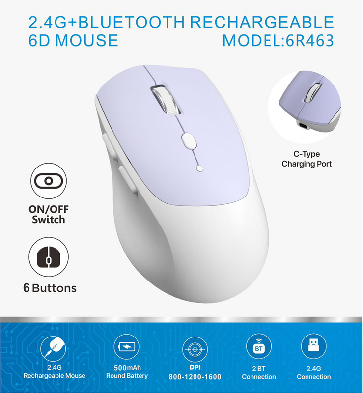 6D,2.4G接続,800-1600dpi,500mAhの丸いバッテリー,C型インターフェース.オフィスワーカー,ゲーマーに最適