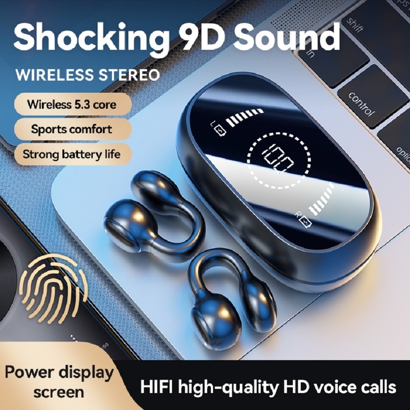 Bluetooth 5.3 イヤホン 完全オープン イヤデザイン 9D サラウンドサウンド ゲーム オーディオシンクロ HIFI デジタルディスプレイ 1.5H 充電 6H シングル再生