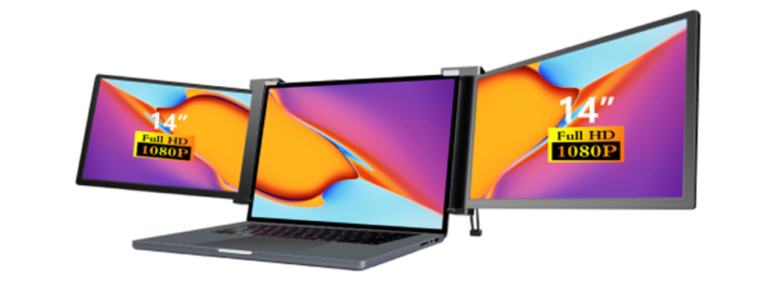 2つの14インチパノラミックラップトップモニター 三スクリーンセットアップ 25.3mm 薄型ディスプレイ フルHD IPS 16/9 アスペクト比