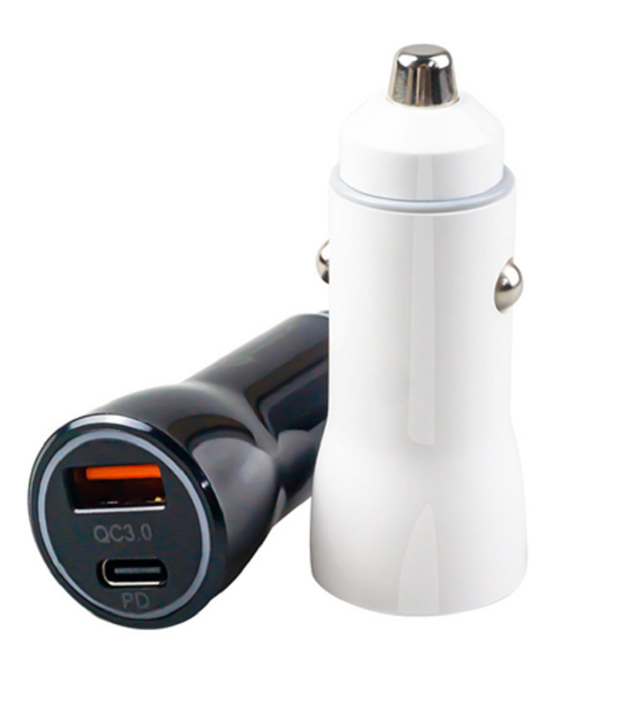 48W デュアルポート USB-C 車載充電器 PD 20W & QC 18W 12-24V DC 入力 ABS+PC 難燃性