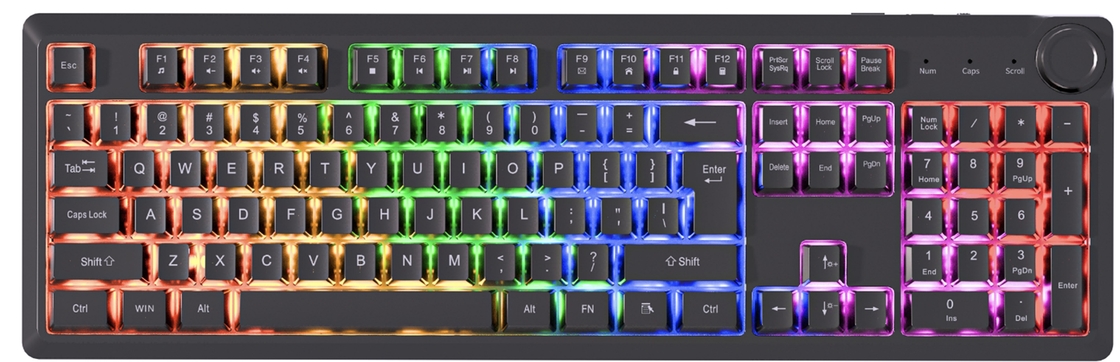 104-キー有線キーボード マルチメディア FNキー レインボーライト ABS + 黒のキーキャップ + シルバー膜 510g 軽量ボディ