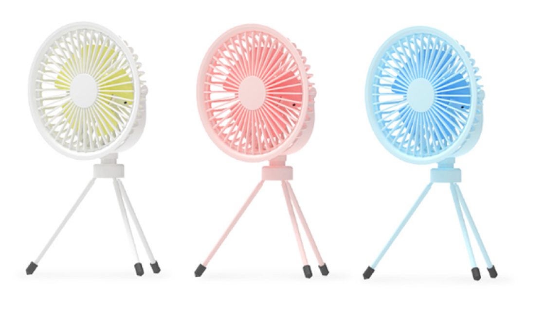 ETEK 3-in-1 ポータブルファン (ピンク/ブルー/ホワイト)、2000mAhバッテリー (4時間充電)、ABS+PP+スチール素材、三脚/吊り下げ/手持ち 3モード