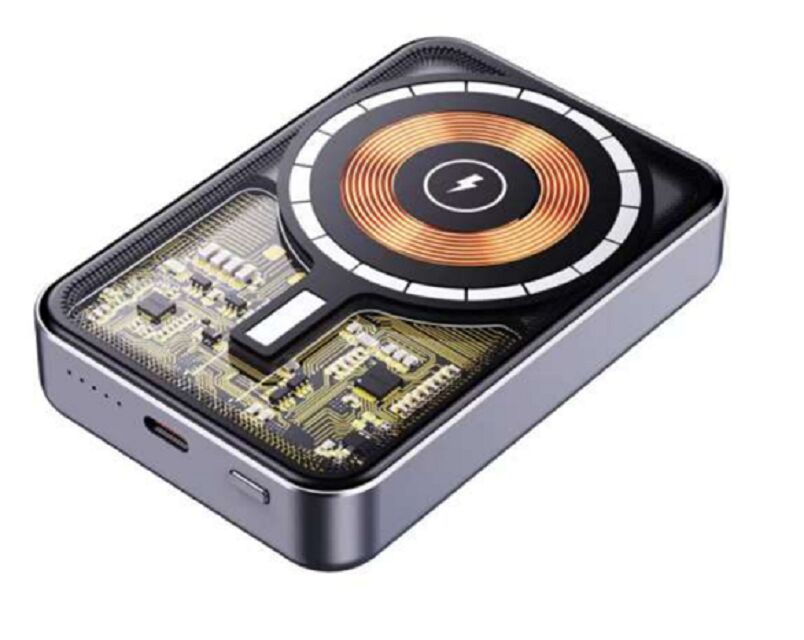 10000mAh 透明メカパワーバンク 22.5W 有線 + 15W マグセーフ互換性磁気無線充電,銃金,アル合金ベース, 94×63×17.5mm