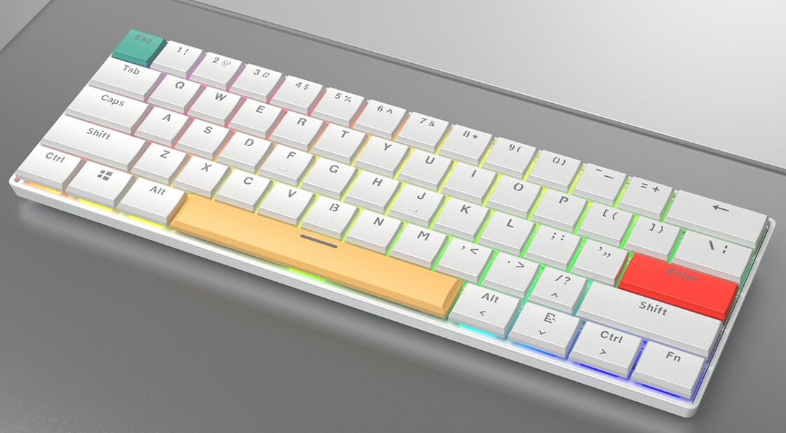 61キー RGB メカニカルキーボード,26KRO,有線,カラーキーキャップ (ホワイトベース+赤/黄色/緑)