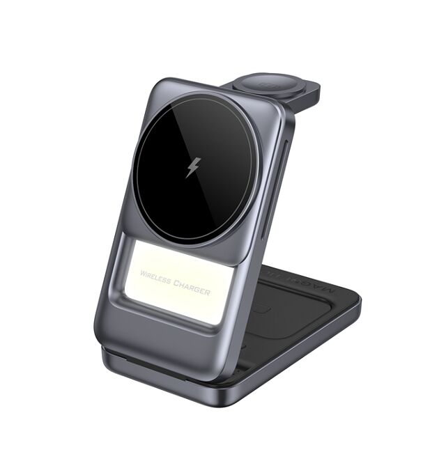 折りたたみ可能な3イン1ワイヤレスチャージャー 青/灰,銀/灰,プラスチック+金属 15Wの電話 2.5Wの時計 5Wのイヤホン ナイトライト