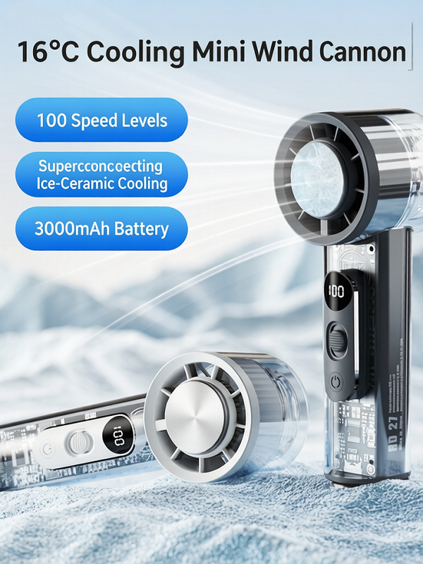 ポータブル半導体冷却ハンディファン、100段階調整、デジタルディスプレイ、3000mAh Type-C、スタンド＆フック付き