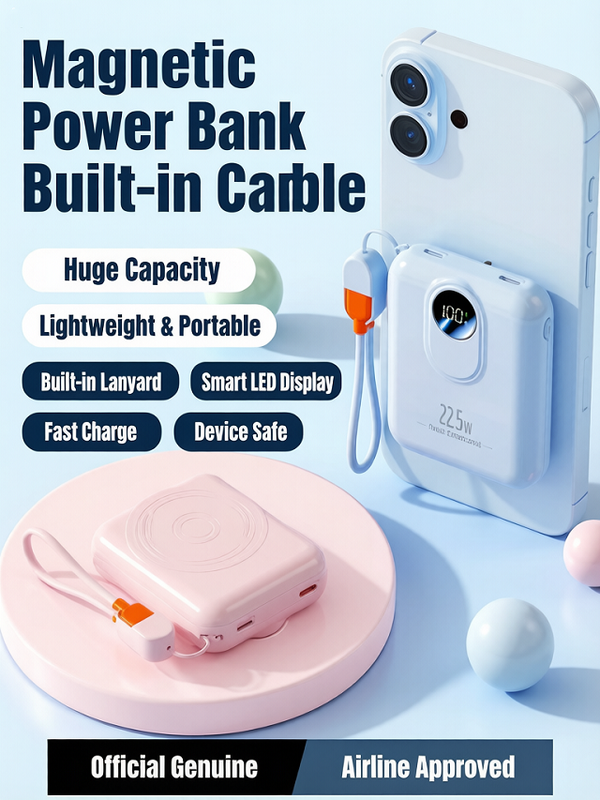 磁気無線電源バンク 10000mAh,タイプC/雷20W入力,22.5W+15W出力,ケーブル付き