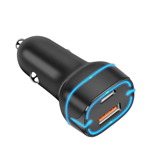 38W デュアルポート車載充電器、PD20W+QC18W リアル出力、12-24V 広入力、ブルーLED