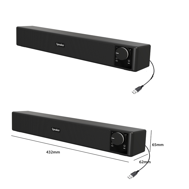 USB Powered Bluetooth Soundbar 2x2 Inch Speaker 6W Stereo AUX MIC 1.4M Cable Black Plastic Desktop Audio